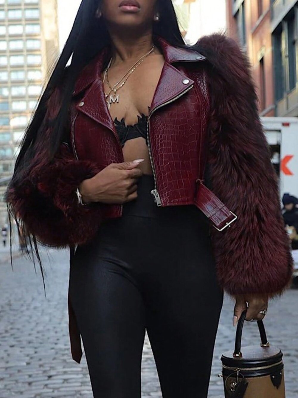 Burgundy Casual Women's Faux Fur Crocodile Jacket with Collar - Picture 3 of 6